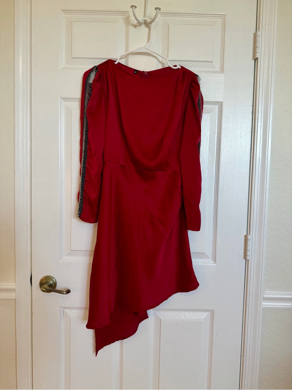 Red Asymmetrical Long Sleeve Dress with Chain Detail Size M